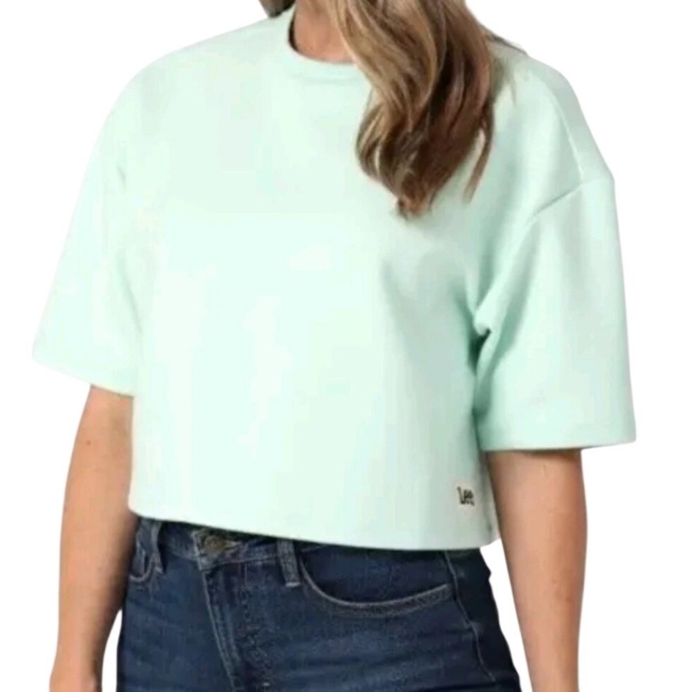 Lee Mint Green Cropped Sweatshirt Boxy Short Sleeve Crewneck Pastel Retro XL - Picture 1 of 9